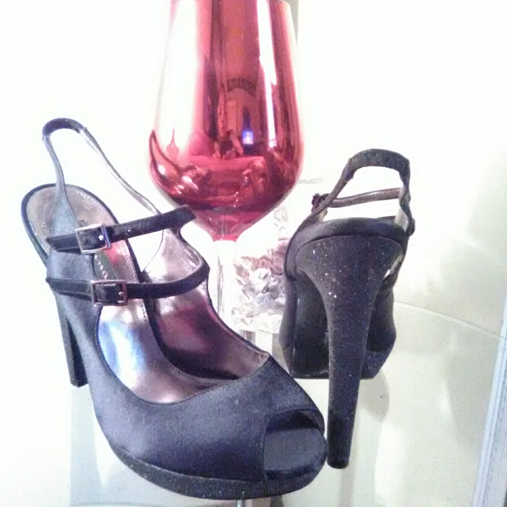Nina Blk Satin Glitter Peep Toe Heel Shoes
